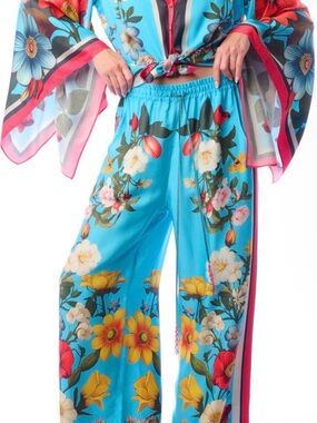 Aratta Blue Floral Wide-Leg Elastic Waist Trousers for Women